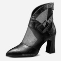 Sexy cutout leather high-heeled pointed zip with decorative buckle mesh women's ankle boots